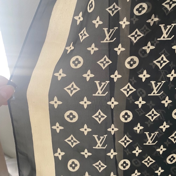 Vintage Louis Vuitton Black Cream Monogram Silk Scarf Authentic - Picture 6 of 12